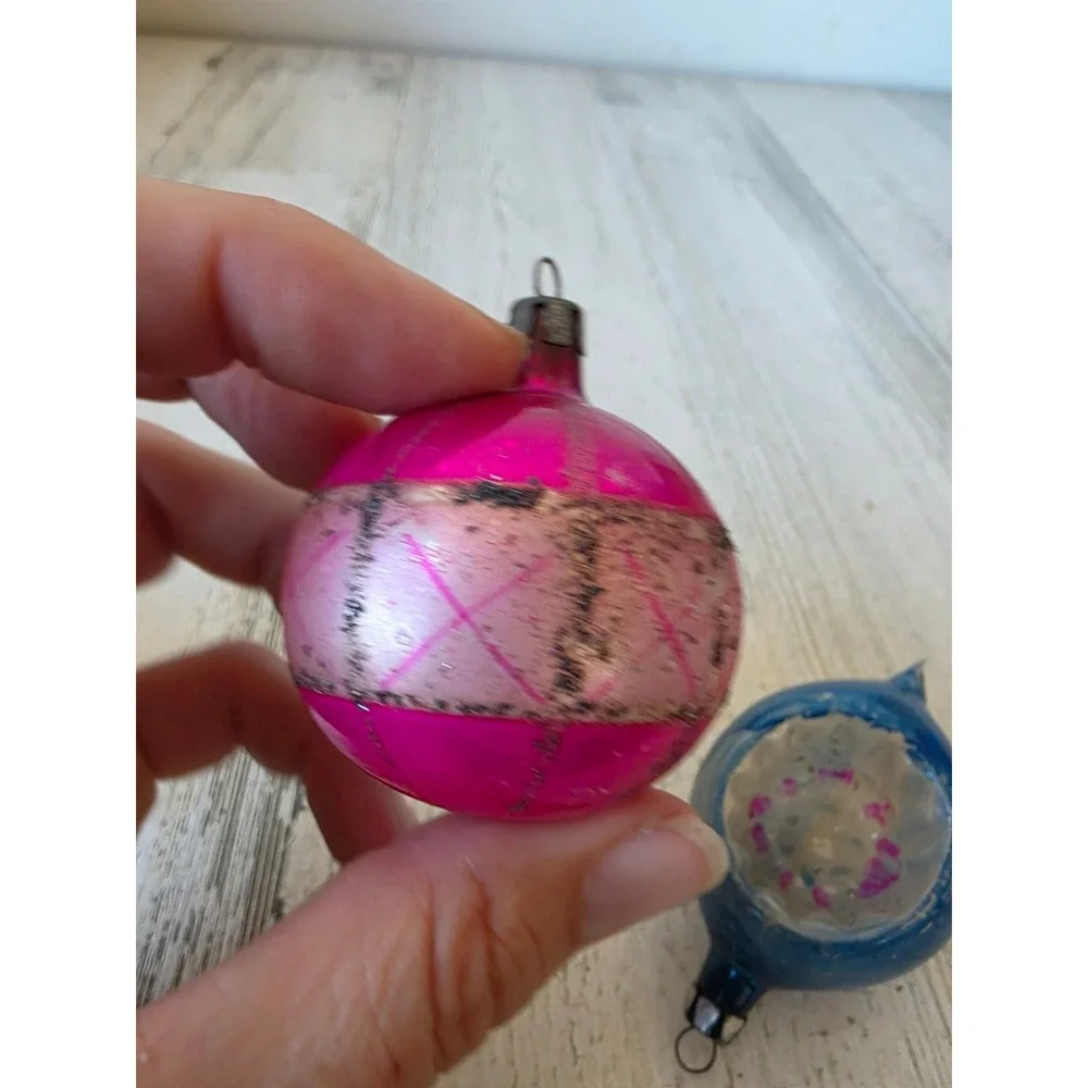 Vintage indent pink blue glass ornament teardrop ball Xmas tree